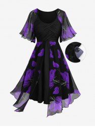Plus Size Flowers Print Chiffon Ruched Panel Ruffles Split Hem Layered Dress -  