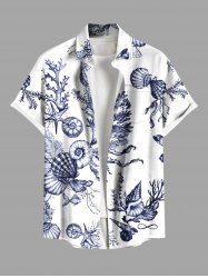 Plus Size Conch Shell Coral Starfish Print Hawaii Sea Creatures Button Pocket Shirt For Men - Blanc M