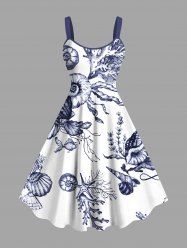 Robe débardeur trapèze grande taille à imprimé coquillage, corail et étoile de mer, créatures marines d'Hawaï - Blanc 6X