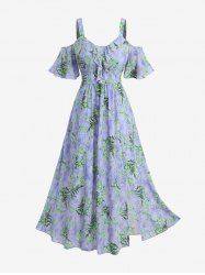 Plus Size Rose Flower Leaf Print Ruffles Cold Shoulder Cottagecore Dress -  
