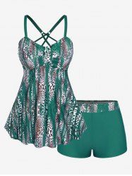 Leopard Print Twist Crisscross Boyleg Tankini Swimsuit -  