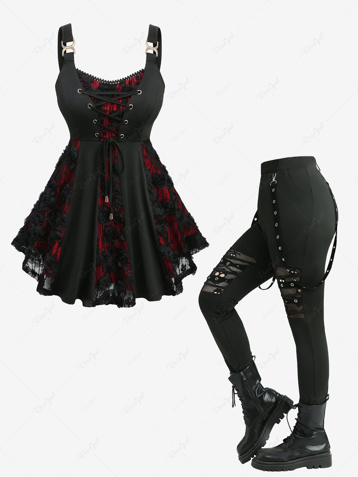Shop Lace-up Rose Jacquard Tank Top and Skulls Hollow Out Fish Net Leggings Plus Size Outfit  