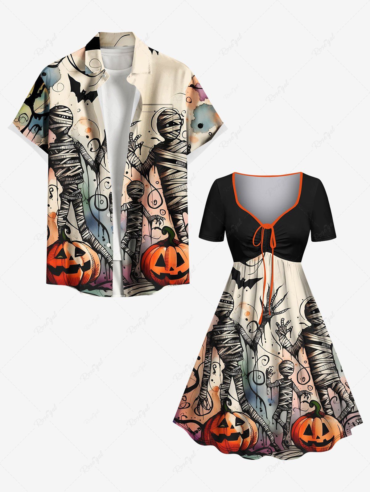 Tenue assortie grande taille pour couples, motif momie, citrouille et chauve-souris, pour Halloween Noir 