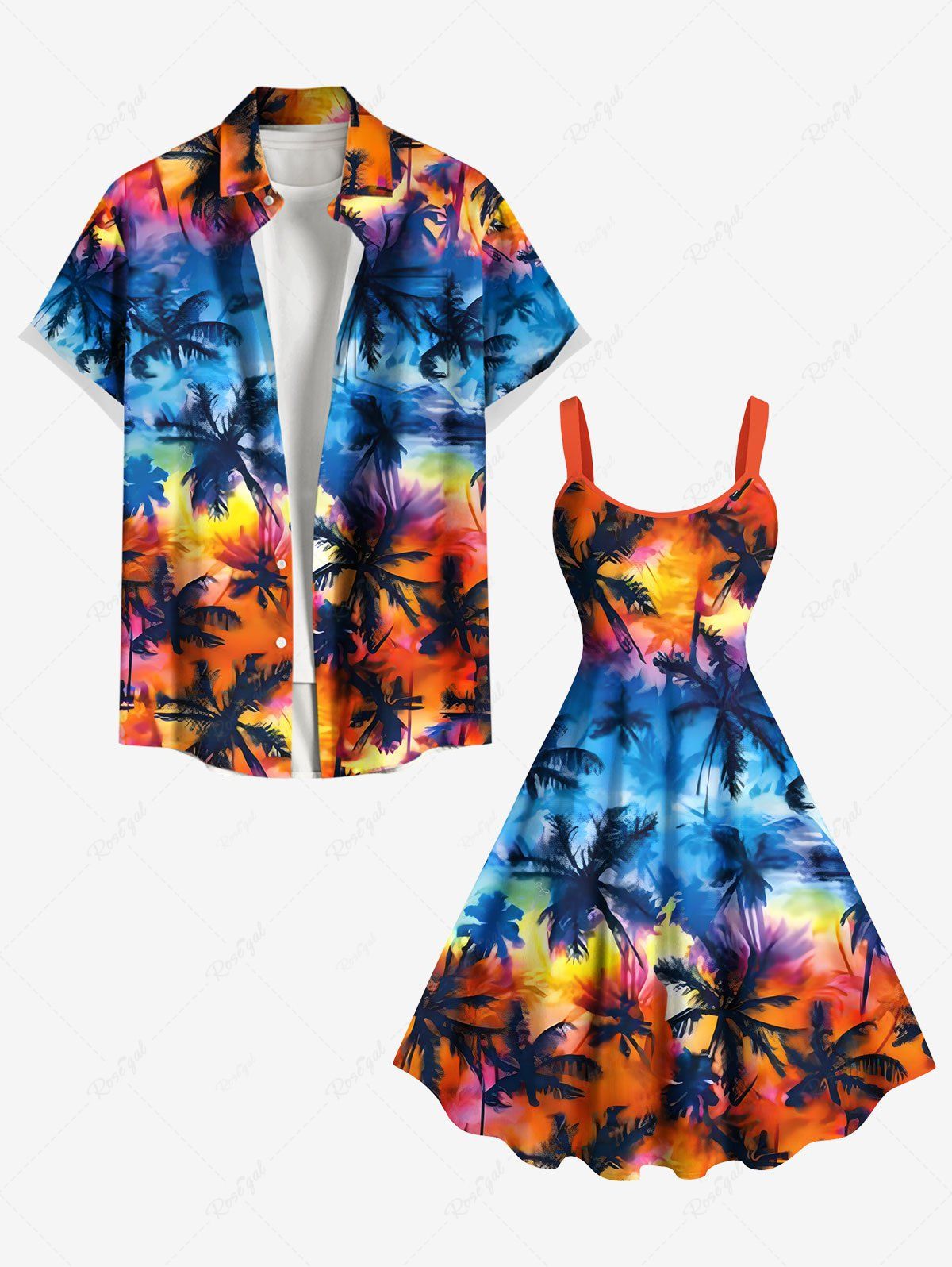 Sale Coconut Tree Tie Dye Ombre Print Plus Size Matching Hawaii Beach Outfit For Couples  