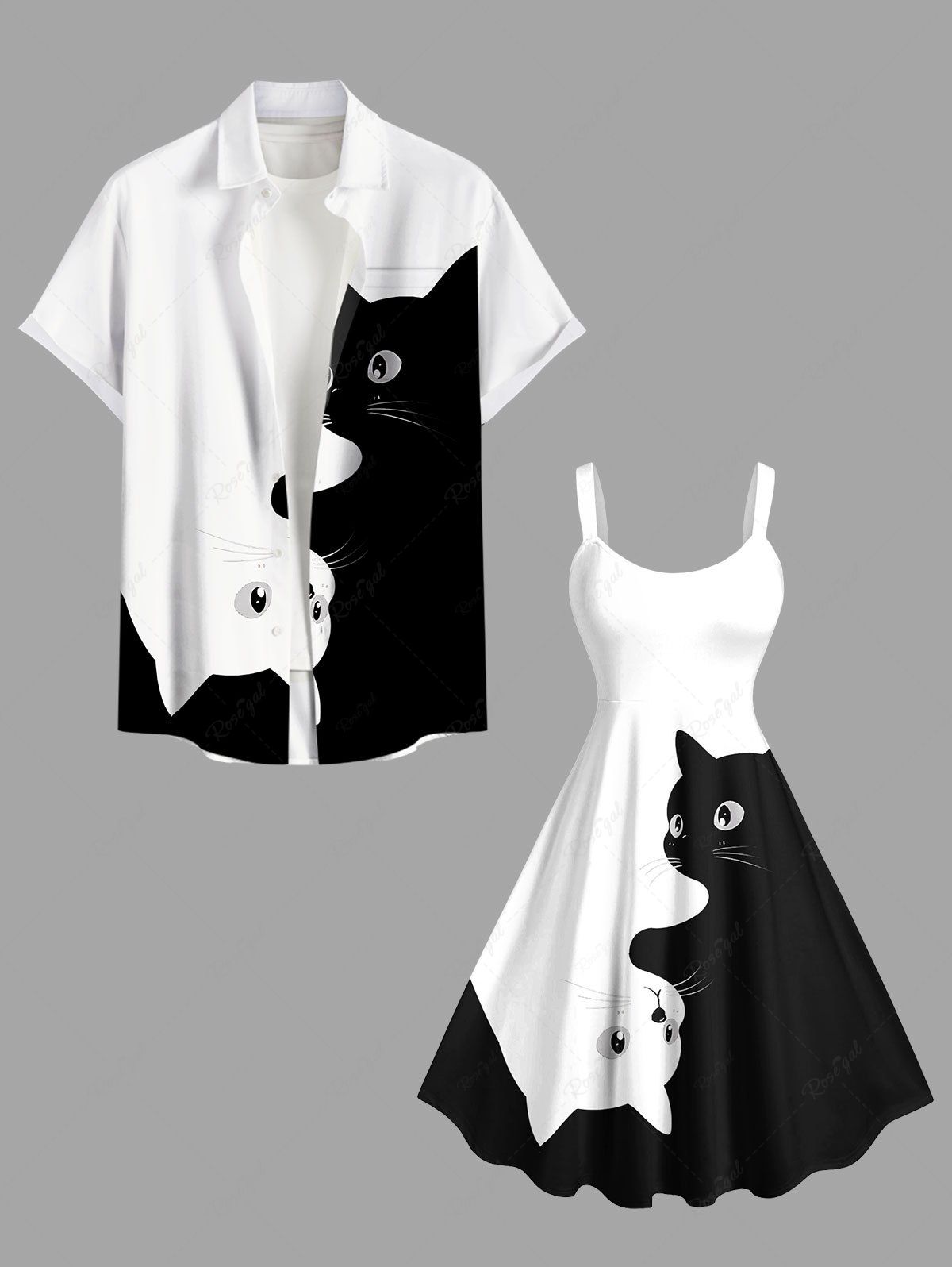 Tenue assortie grande taille à imprimé chats bicolores pour couples Blanc 