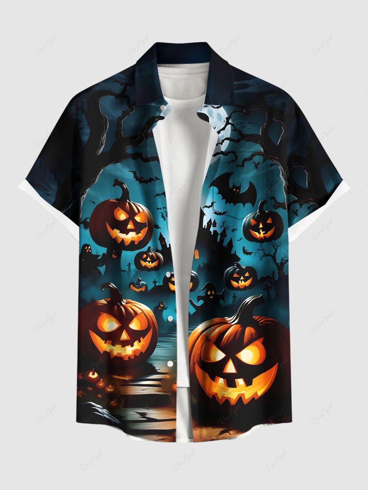 Chemise grande taille à boutons et poches pour homme, motif citrouille, lune, chauve-souris, Halloween Noir L
