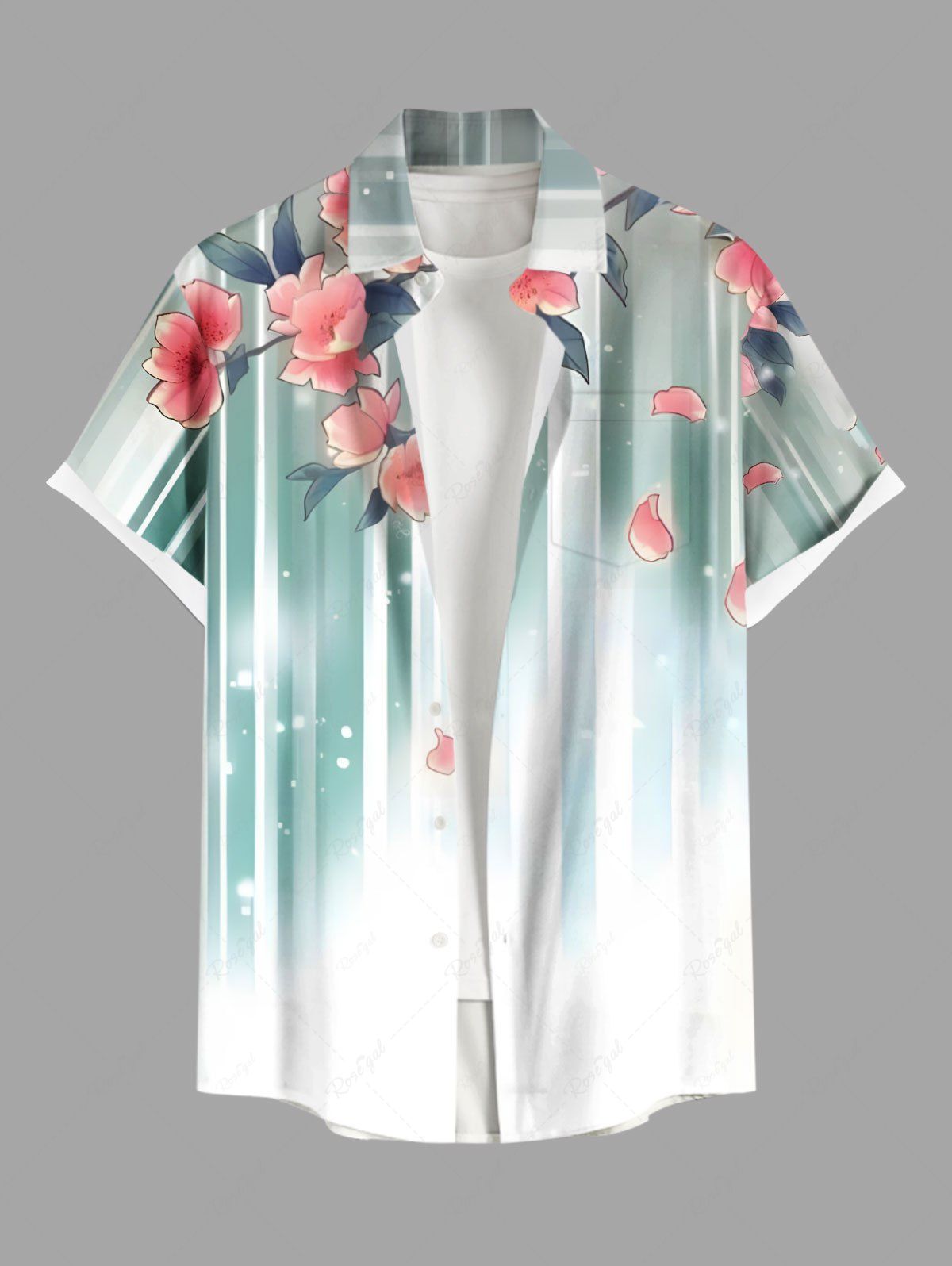 Chemise hawaïenne grande taille à imprimé ombré, rayures et fleurs, avec poches et boutons, pour homme Blanc S