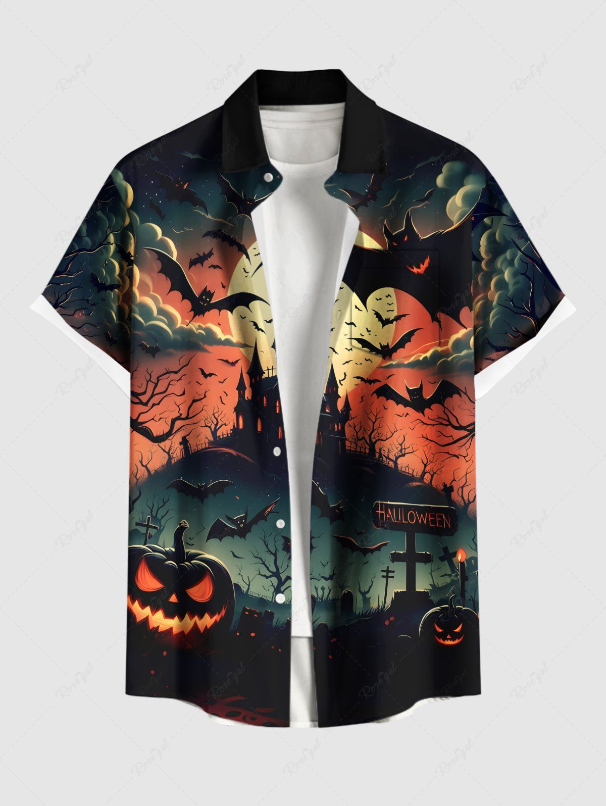 Latest Plus Size Halloween Pumpkin Moon Bat Cloud Castle Print Buttons Pocket Shirt For Men  