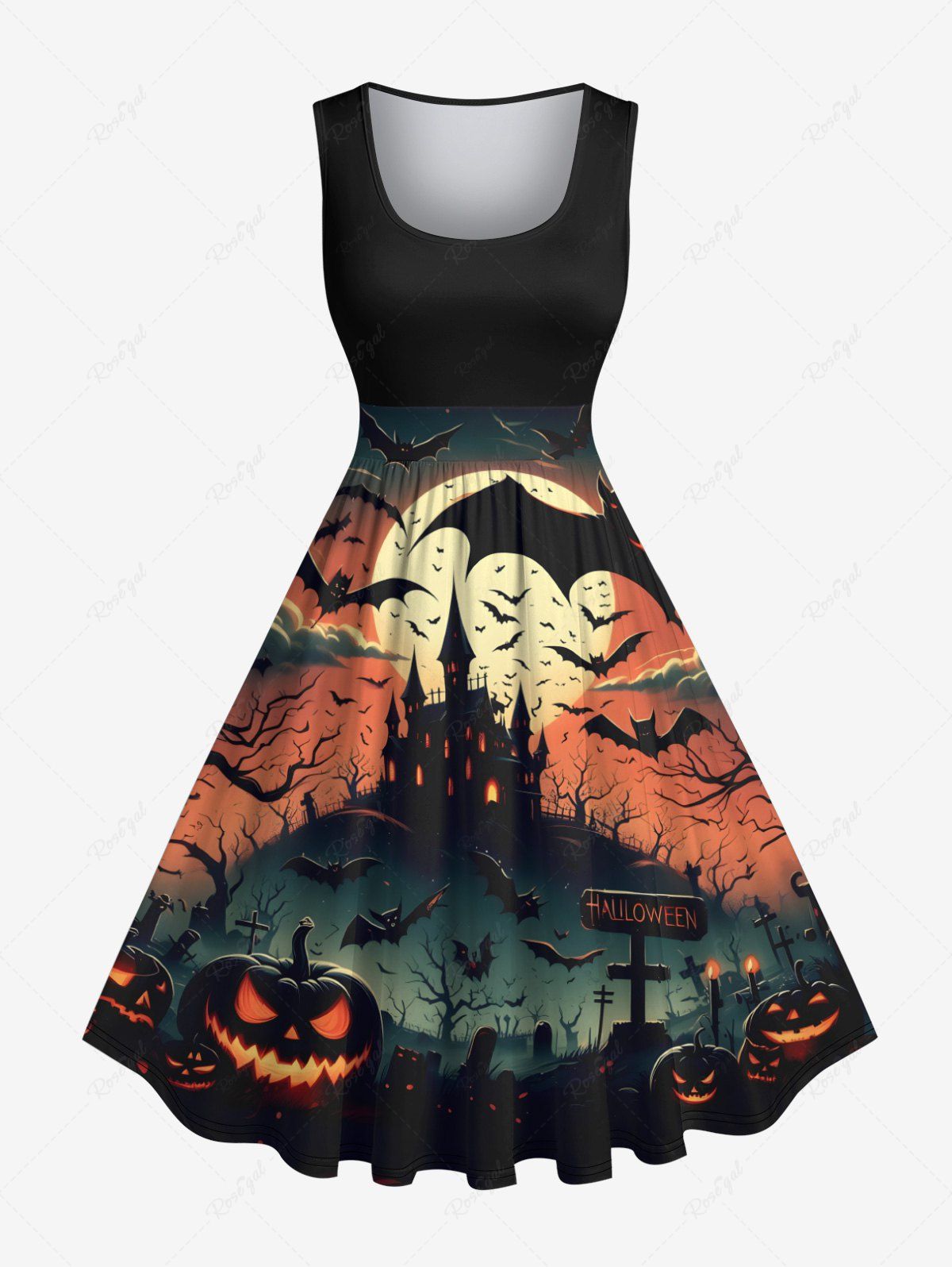 Discount Plus Size Halloween Pumpkin Moon Bat Cloud Castle Print 1950s Vintage Dress  