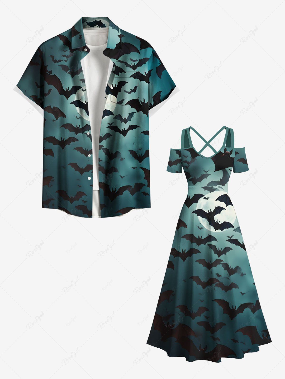 Latest Halloween Bat Moon Ombre Print Plus Size Matching Outfit For Couples  