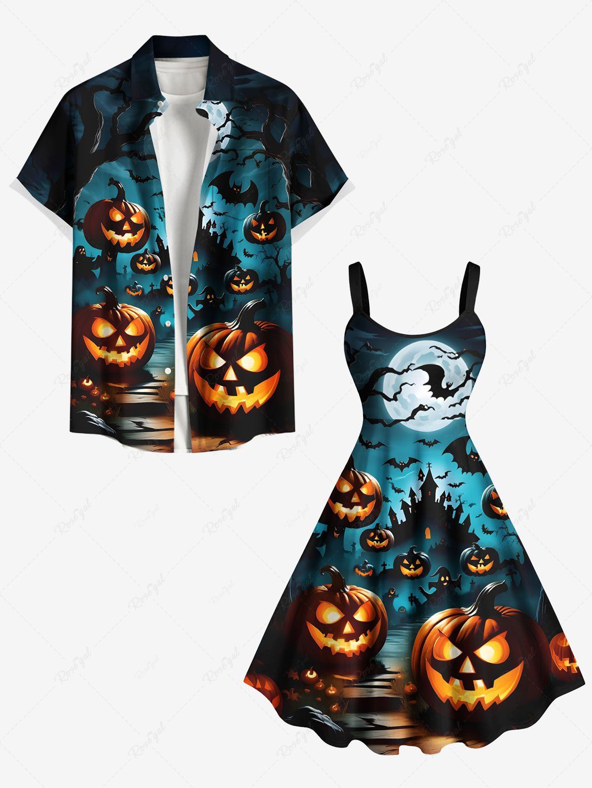 Best Halloween Pumpkin Moon Bat Print Plus Size Matching Outfit For Couples  