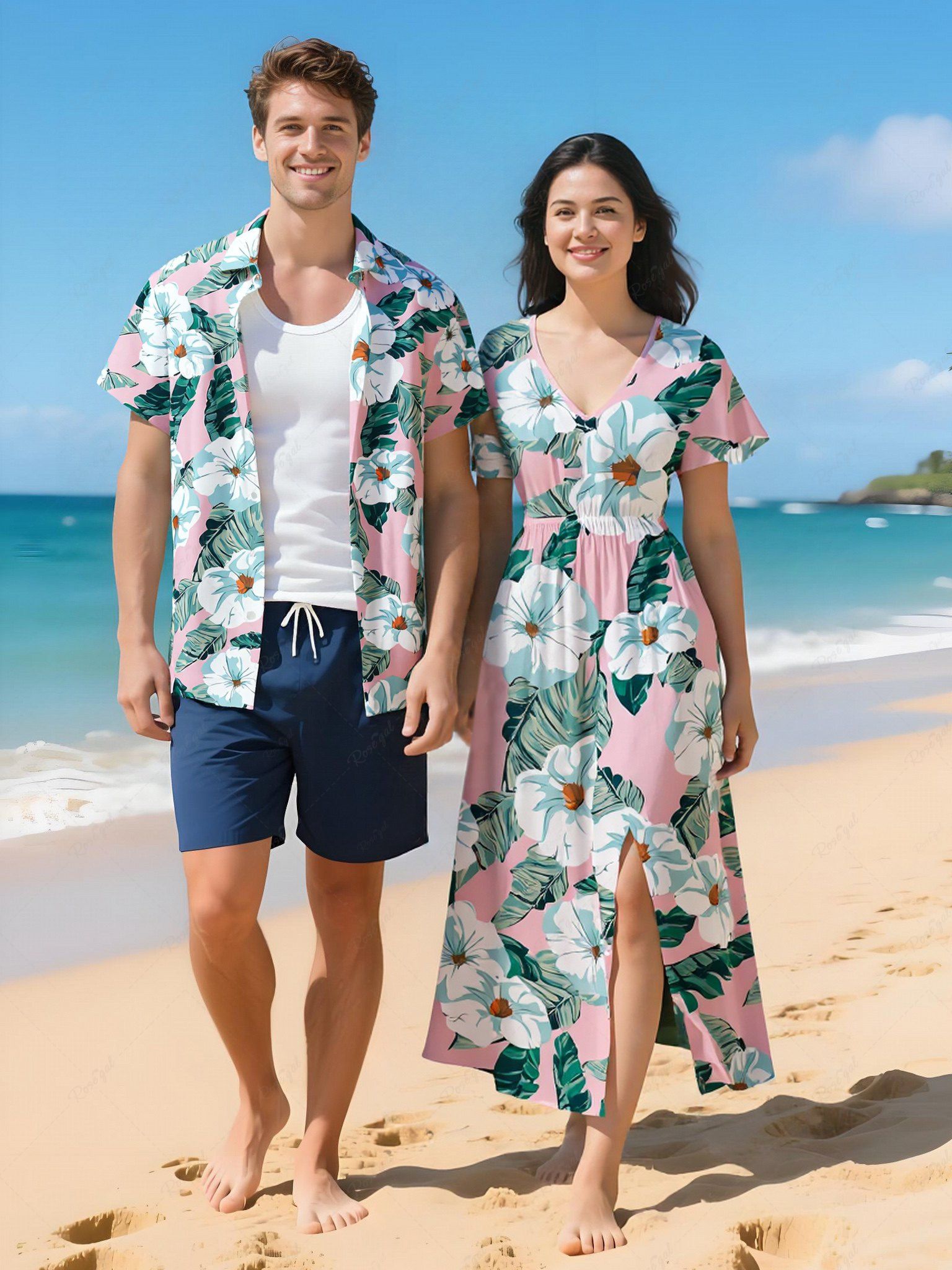 New Flowers Leaf Tropical Print Plus Size Matching Hawaii Beach Outfit For Couples  