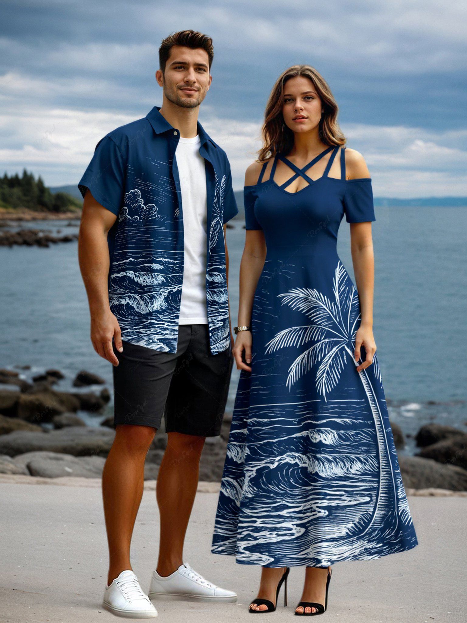 Cheap Coconut Tree Sea Waves Print Plus Size Matching Hawaii Beach Outfit For Couples  