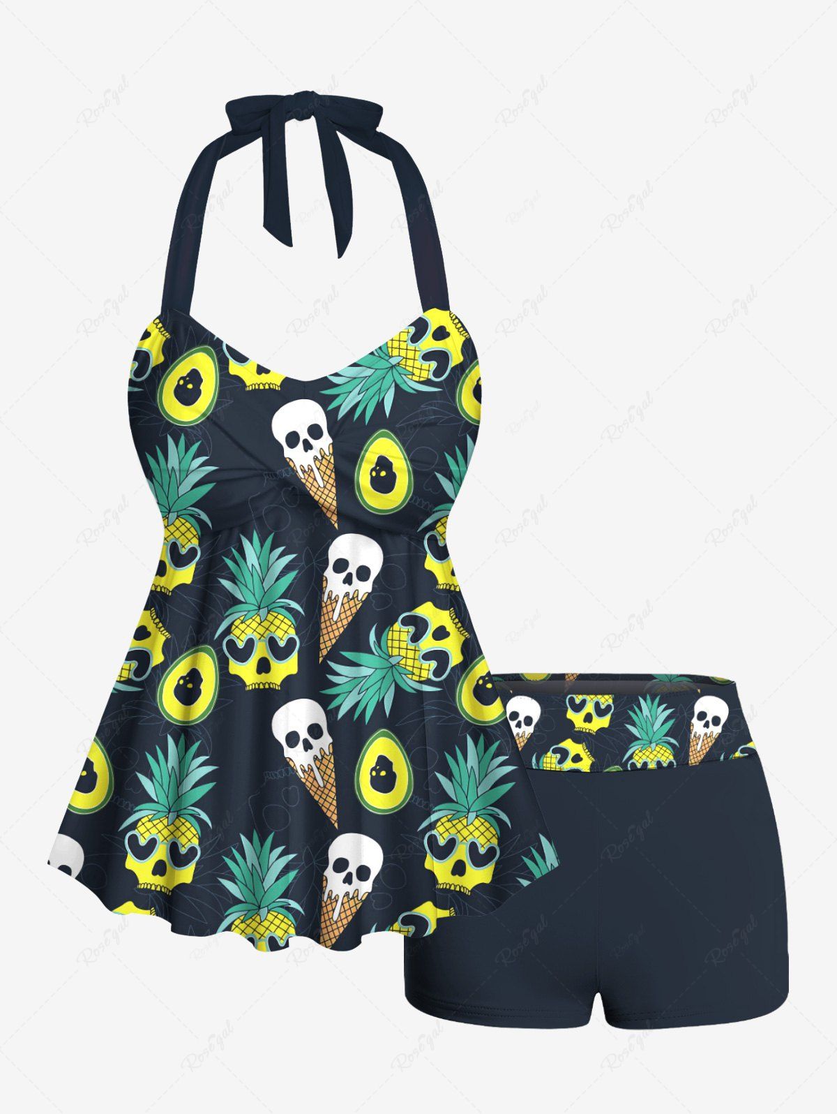 Affordable Skull Ice Cream Pineapple Avocado Print Hawaii Twist Halter Backless Boyleg Tankini Swimsuit  