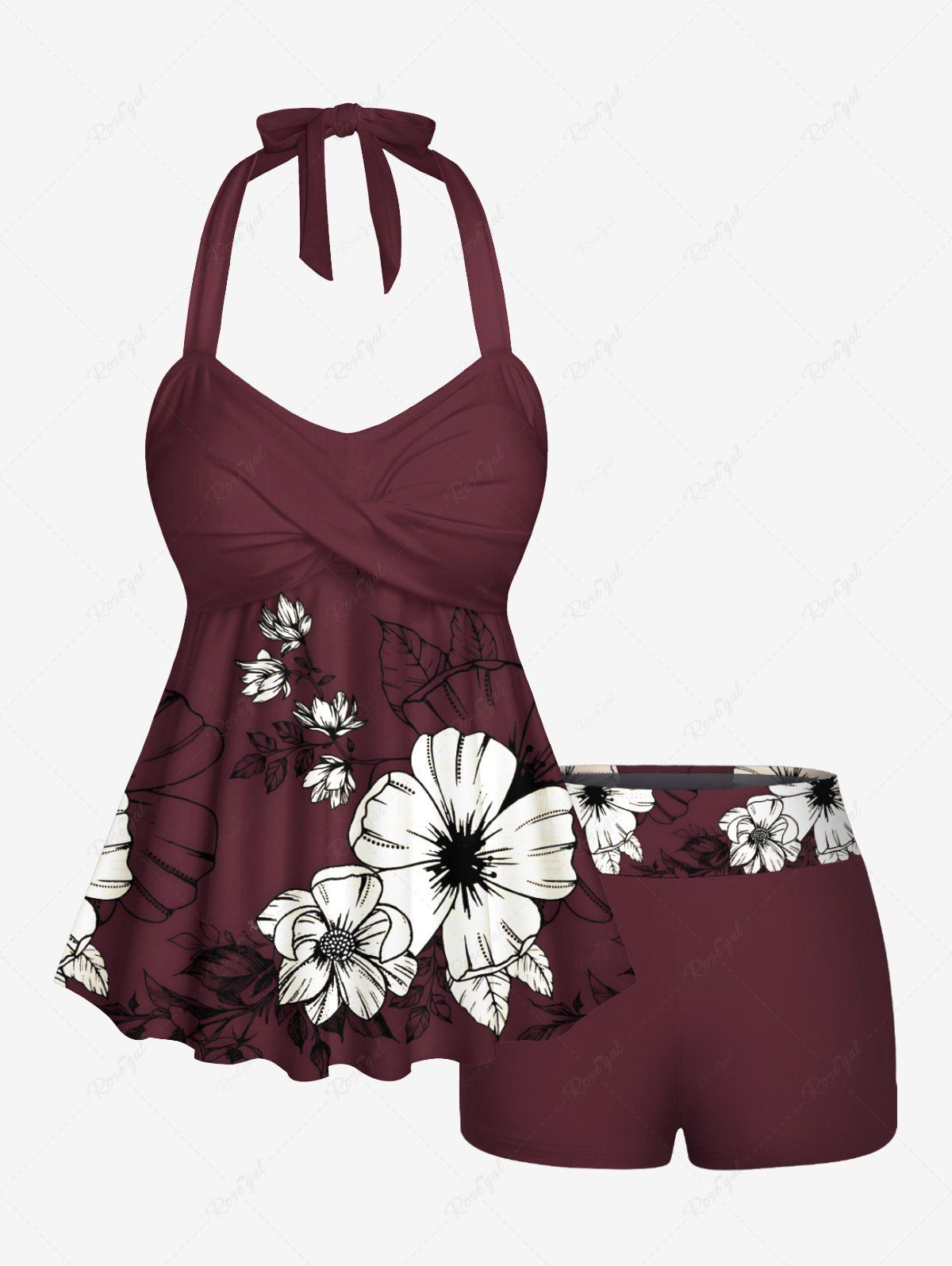 Maillot de bain tankini hawaïen à imprimé branches de fleurs d'hibiscus et dos nu torsadé Rouge Vineux 6X