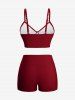 Fashion Ombre Peach Blossom Print Plunging Bowknot Tied Beach Cover Up Solid Boyleg 3 Pieces Tankini Swimsuit -  