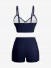 Fashion Ombre Peach Blossom Print Plunging Bowknot Tied Beach Cover Up Solid Boyleg 3 Pieces Tankini Swimsuit -  
