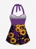 Sunflower Rose Flower Print Hawaii Twist Halter Backless Boyleg Tankini Swimsuit -  