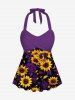 Sunflower Rose Flower Print Hawaii Twist Halter Backless Boyleg Tankini Swimsuit -  