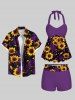 Sunflower Rose Flower Print Hawaii Twist Halter Backless Boyleg Tankini Swimsuit -  