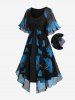 Plus Size Flowers Print Chiffon Ruched Panel Ruffles Split Hem Layered Dress -  