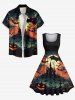 Plus Size Halloween Pumpkin Moon Bat Cloud Castle Print 1950s Vintage Dress -  