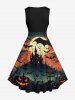 Plus Size Halloween Pumpkin Moon Bat Cloud Castle Print 1950s Vintage Dress -  