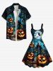 Plus Size Halloween Pumpkin Moon Bat Print Tank Dress -  