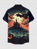 Plus Size Halloween Pumpkin Moon Bat Cloud Castle Print Buttons Pocket Shirt For Men -  