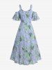 Plus Size Rose Flower Leaf Print Ruffles Cold Shoulder Cottagecore Dress -  