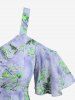 Plus Size Rose Flower Leaf Print Ruffles Cold Shoulder Cottagecore Dress -  