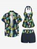 Skull Ice Cream Pineapple Avocado Print Hawaii Twist Halter Backless Boyleg Tankini Swimsuit -  