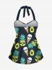 Skull Ice Cream Pineapple Avocado Print Hawaii Twist Halter Backless Boyleg Tankini Swimsuit -  