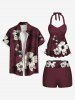 Maillot de bain tankini hawaïen à imprimé branches de fleurs d'hibiscus et dos nu torsadé - Rouge Vineux 6X