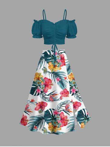 Solid Cinched Top and Tropical Leaf Hibiscus Flower Print Hawaii Split A Line Skirt Plus Size Matching Set - GREEN