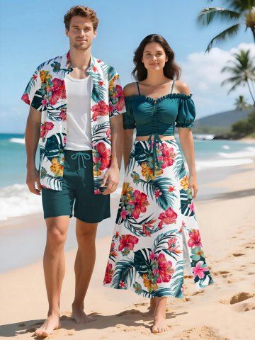 Tropical Leaf Hibiscus Flower Print Plus Size Matching Hawaii Beach Outfit For Couples - GREEN