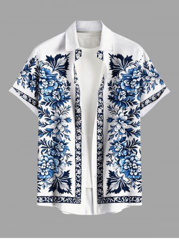 Plus Size Flowers Leaf Print Buttons Pocket Hawaii Shirt For Men - WHITE - 2XL