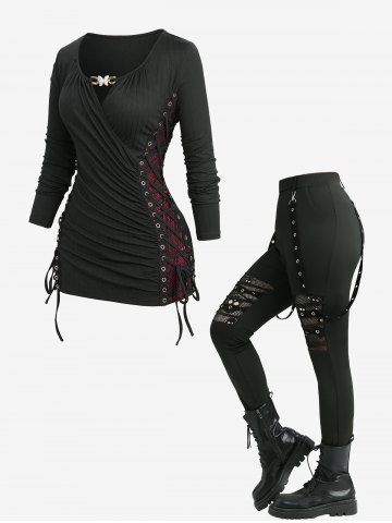 Fishnet Skull Lace Up Butterfly Buckle Top and Hollow Out Leggings Plus Size Outfit - BLACK