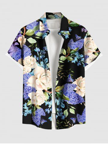 Plus Size Flower Leaf Branch Butterfly Print Hawaii Buttons Pocket Shirt For Men - BLACK - M