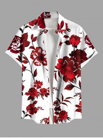 Plus Size Flower Leaf Branch Print Hawaii Button Pocket Shirt For Men - WHITE - M
