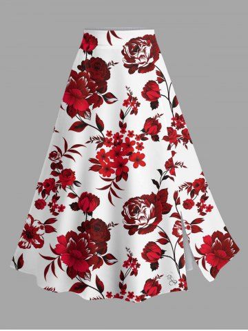 Plus Size Flower Leaf Branch Print Hawaii Split A Line Skirt - RED - 3X