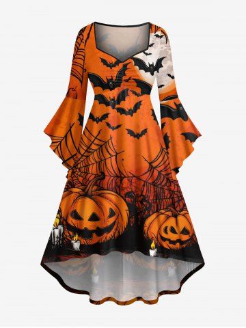 Plus Size Pumpkin Candle Spider Web Bat Print Halloween Ruched High Low Asymmetric Dress - ORANGE - S