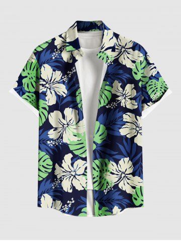 Plus Size Tropical Leaf Hibiscus Flower Print Hawaii Button Pocket Shirt For Men
