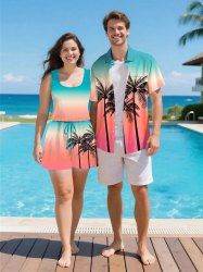 Ensemble chemise et barboteuse hawaïennes assorties, grande taille, tenue de plage, imprimé cocotier ombré, colorblock, pour couples - Vert 