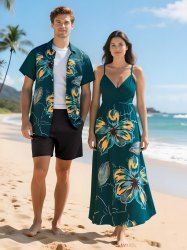 Tenue de plage hawaïenne assortie grande taille à imprimé fleurs et feuilles pour couples - Vert 