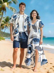 Flowers Leaf Ink Painting Print Plus Size Matching Hawaii Beach Outfit For Couples -  
