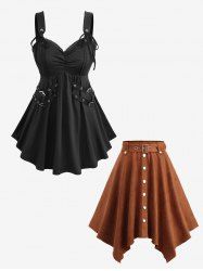 Straps Buckle Grommets Ruched Solid Top and Suede Handkerchief Asymmetric Skirt Plus Size Outfit -  