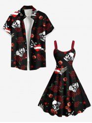 Halloween Skull Rose Flower Heart Sword Print Plus Size Matching Outfit For Couples -  