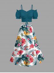 Solid Cinched Top and Tropical Leaf Hibiscus Flower Print Hawaii Split A Line Skirt Plus Size Matching Set -  