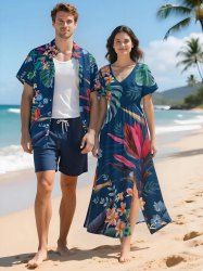 Tropical Leaf Hibiscus Flower Print Plus Size Matching Hawaii Beach Outfit For Couples -  